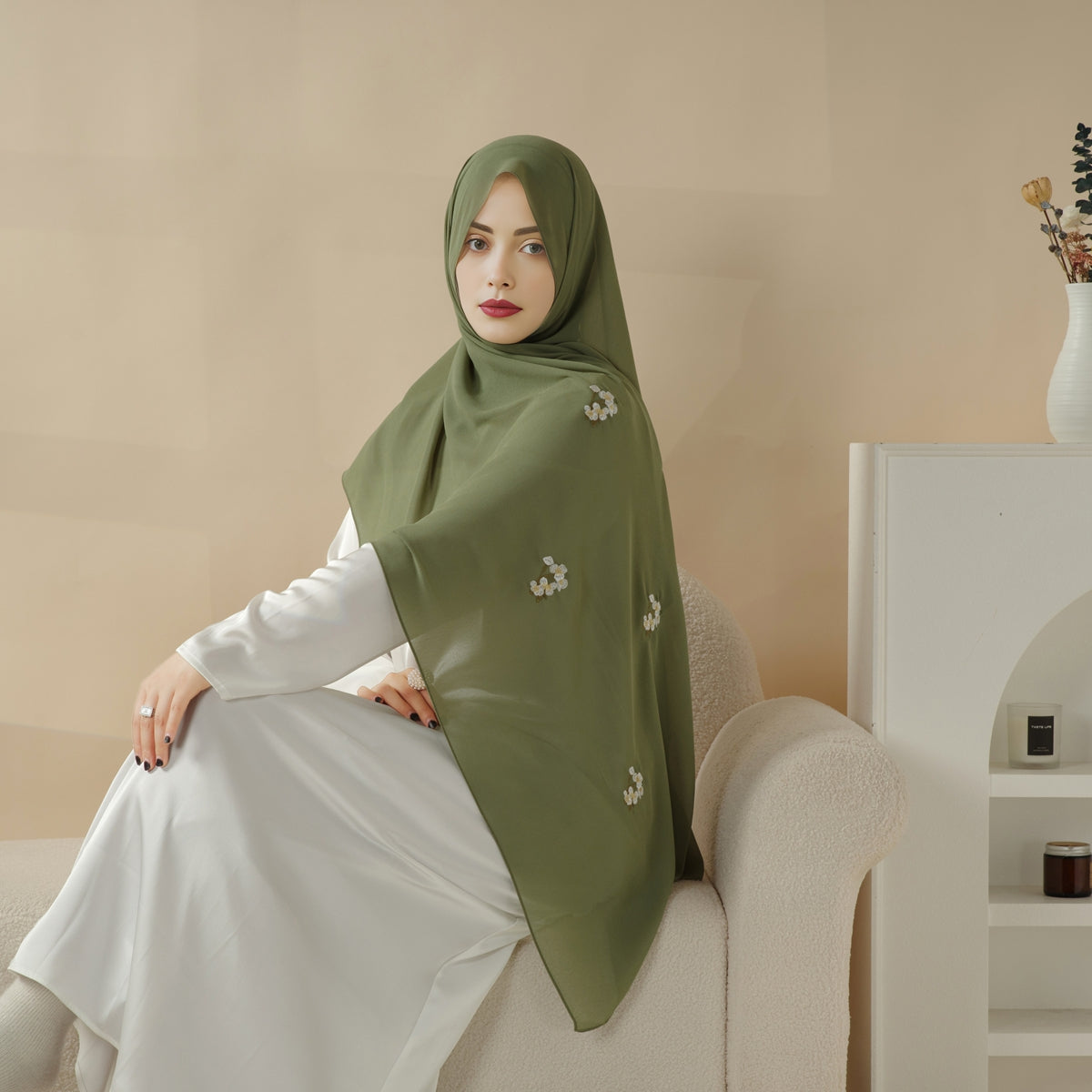 Plain Chiffon Shawl Hijab With Embroidery, Extra-Fine Embroidered Hijab (MH077)