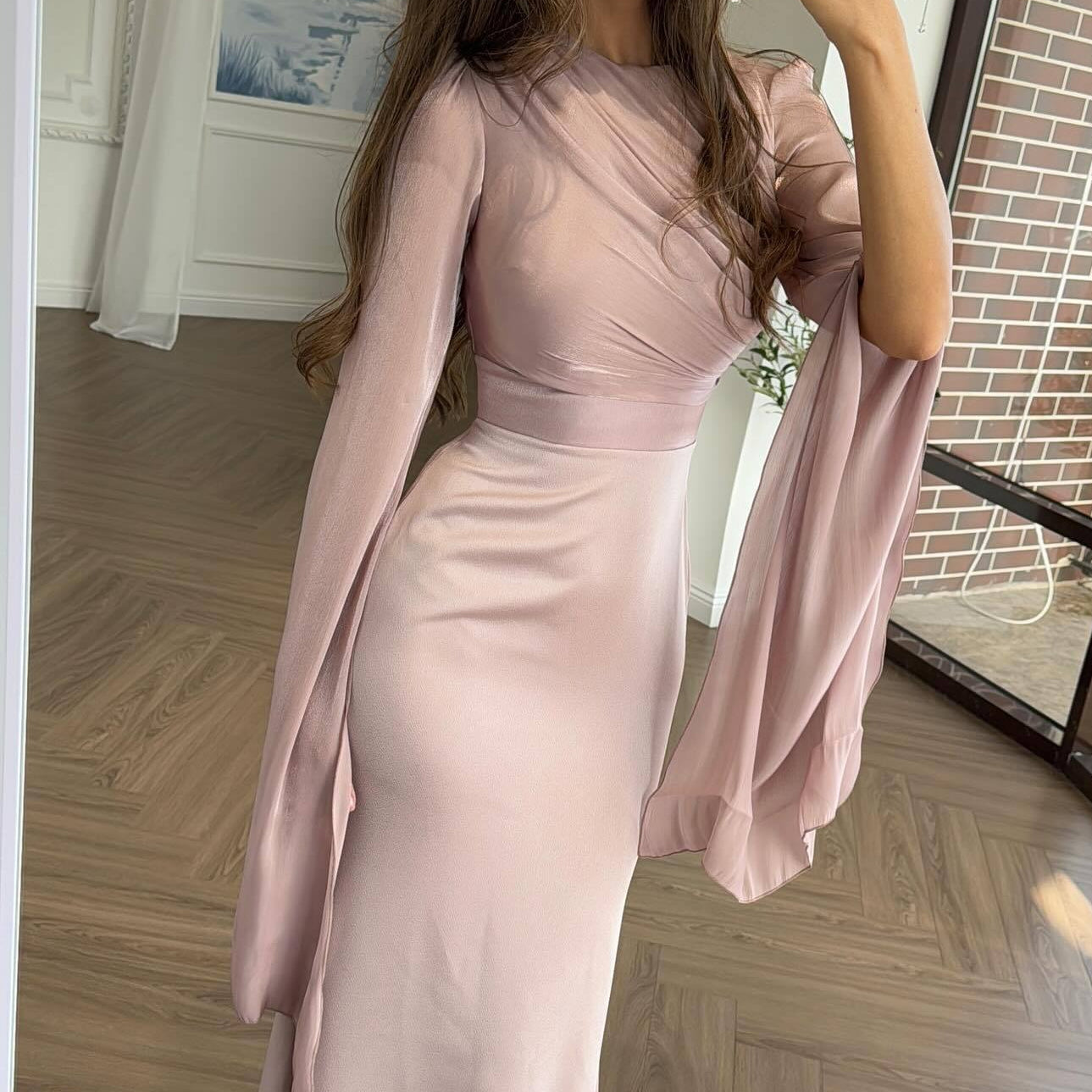 Cape Sleeve Gown with Tie-Back | Fitted Mermaid Maxi Dress(MS230)