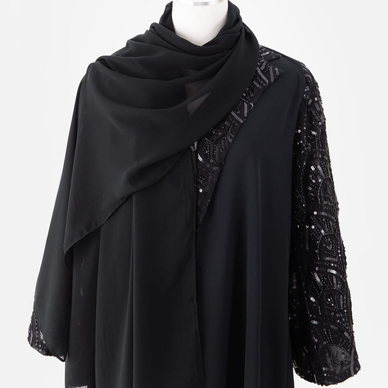 Black Sequin & Bead Embroidered Sleeve Open Abaya(MOA339)