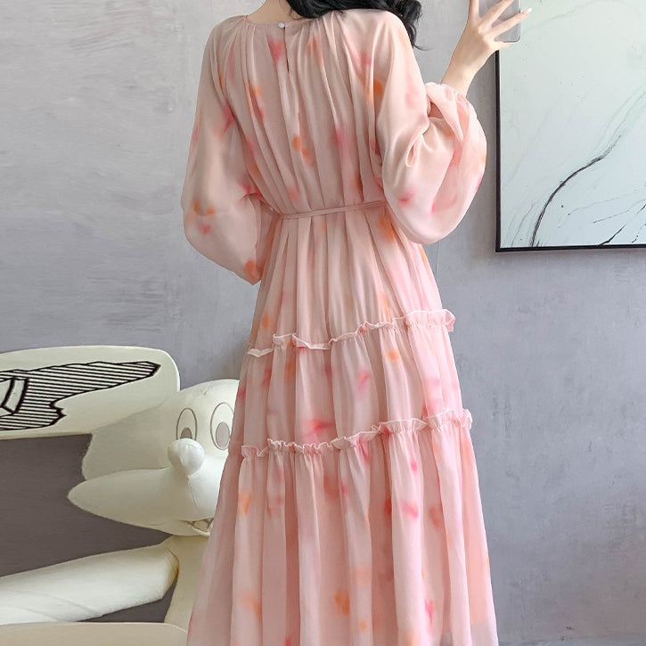Watercolor Print Chiffon Maxi Dress | Long Sleeve Tiered Dress(MS270)