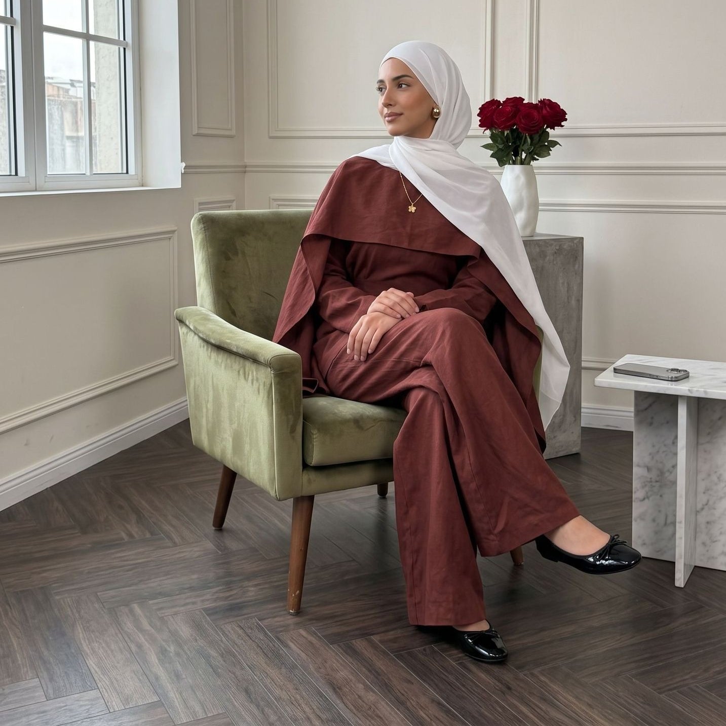 Detachable Shawl Long-Sleeve Top & Wide-Leg Trousers Three-Piece Co-ord Set(MS487)