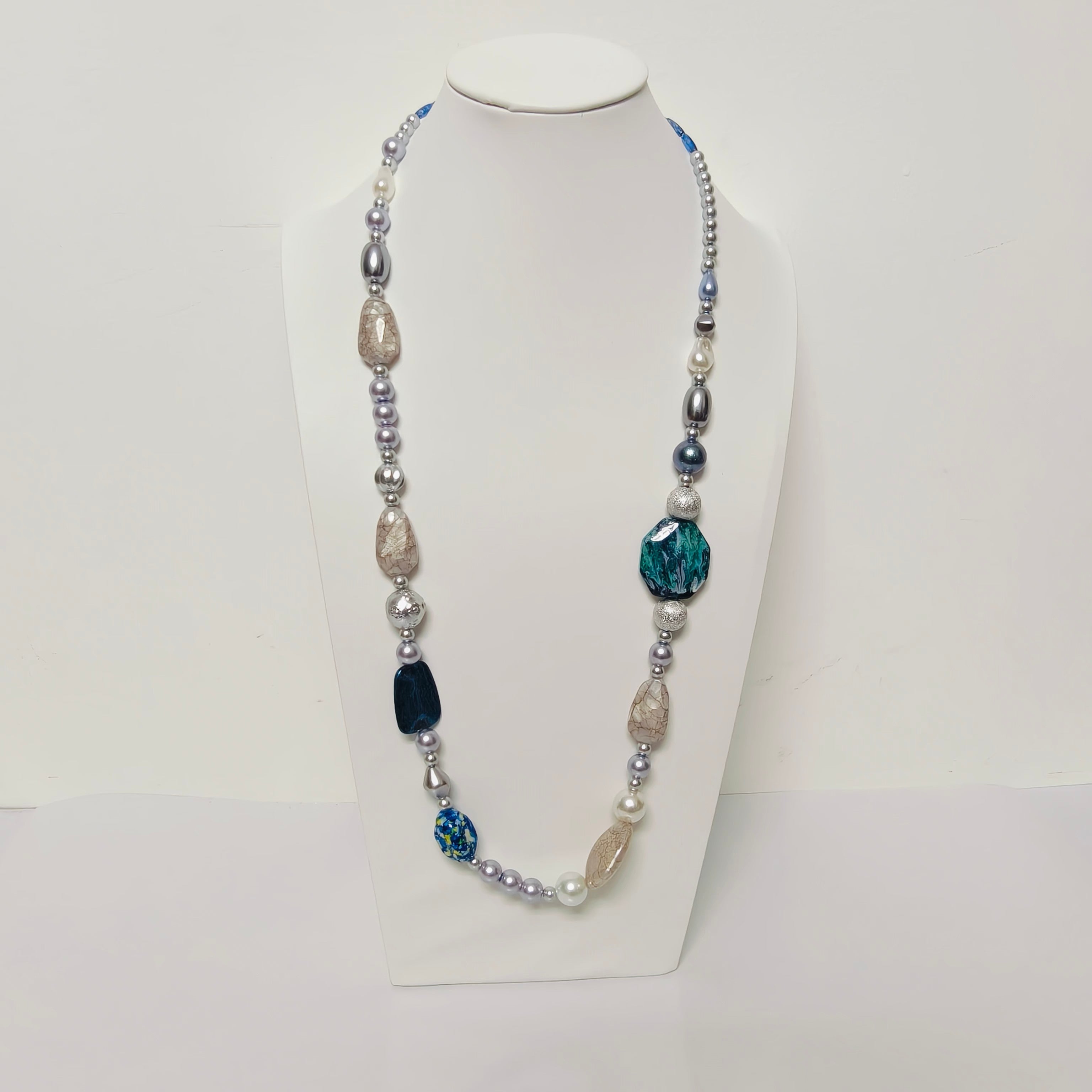 Handmade Resin & Shell Bead Necklace |  Artistic Beaded Statement Necklace |  Long Lightweight Boho Jewelry for Women (MAC346)