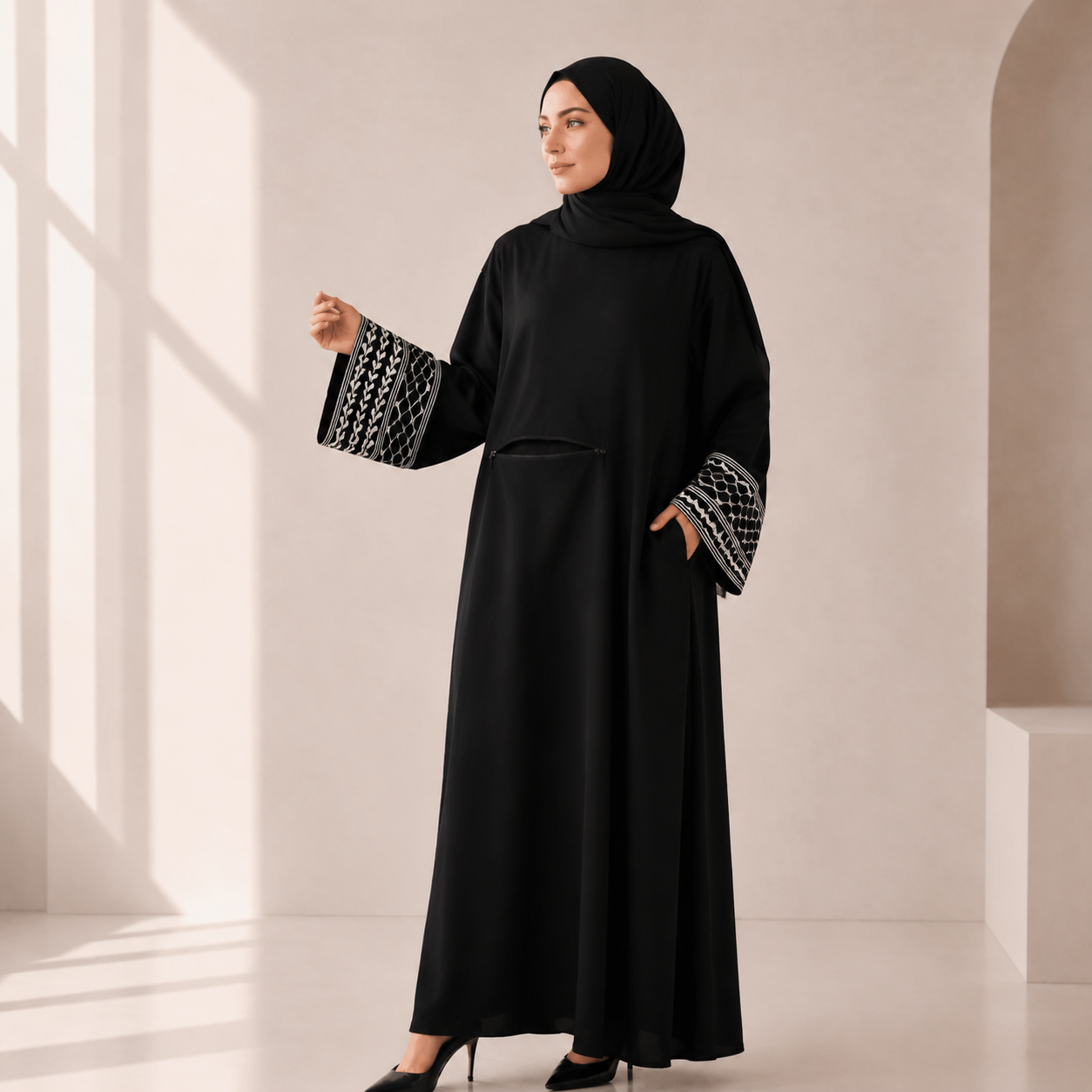 Archive Piece Keffiyeh-Embroidered Cuff Integrated Hijab Prayer Abaya - MP050 (Size Free Size Only)