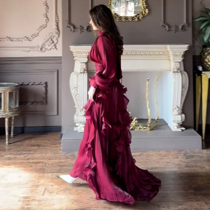 Cascading Ruffle Gown | High Neck Tie-Waist Maxi Dress(MS231)