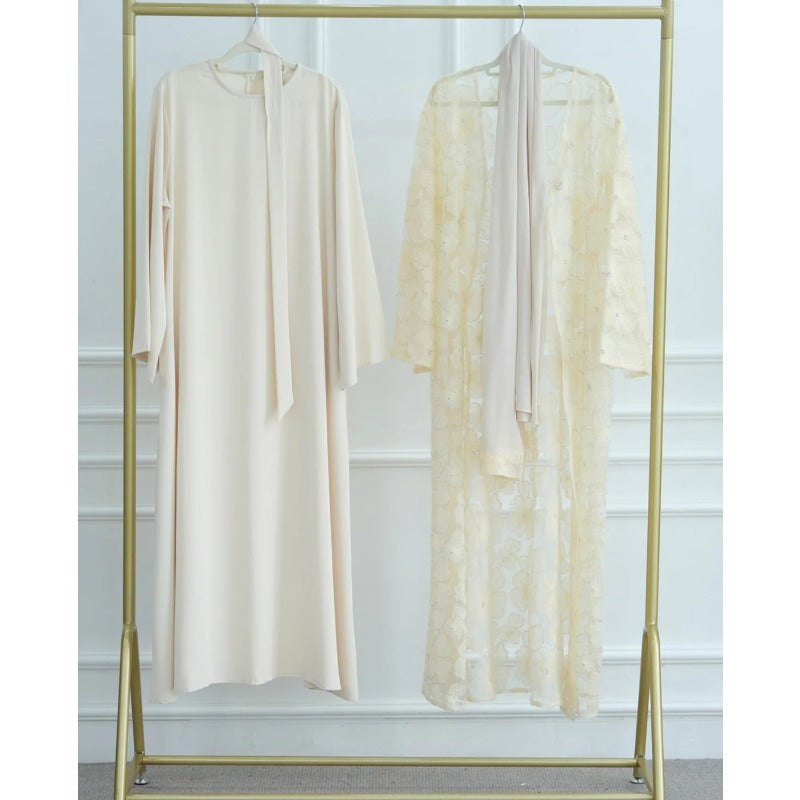 Mesh Flower Bead Open Abaya and Satin Interior Dress 2-Piece Set  | Elegant Muslim Wedding Guest Outfit(MOA222)