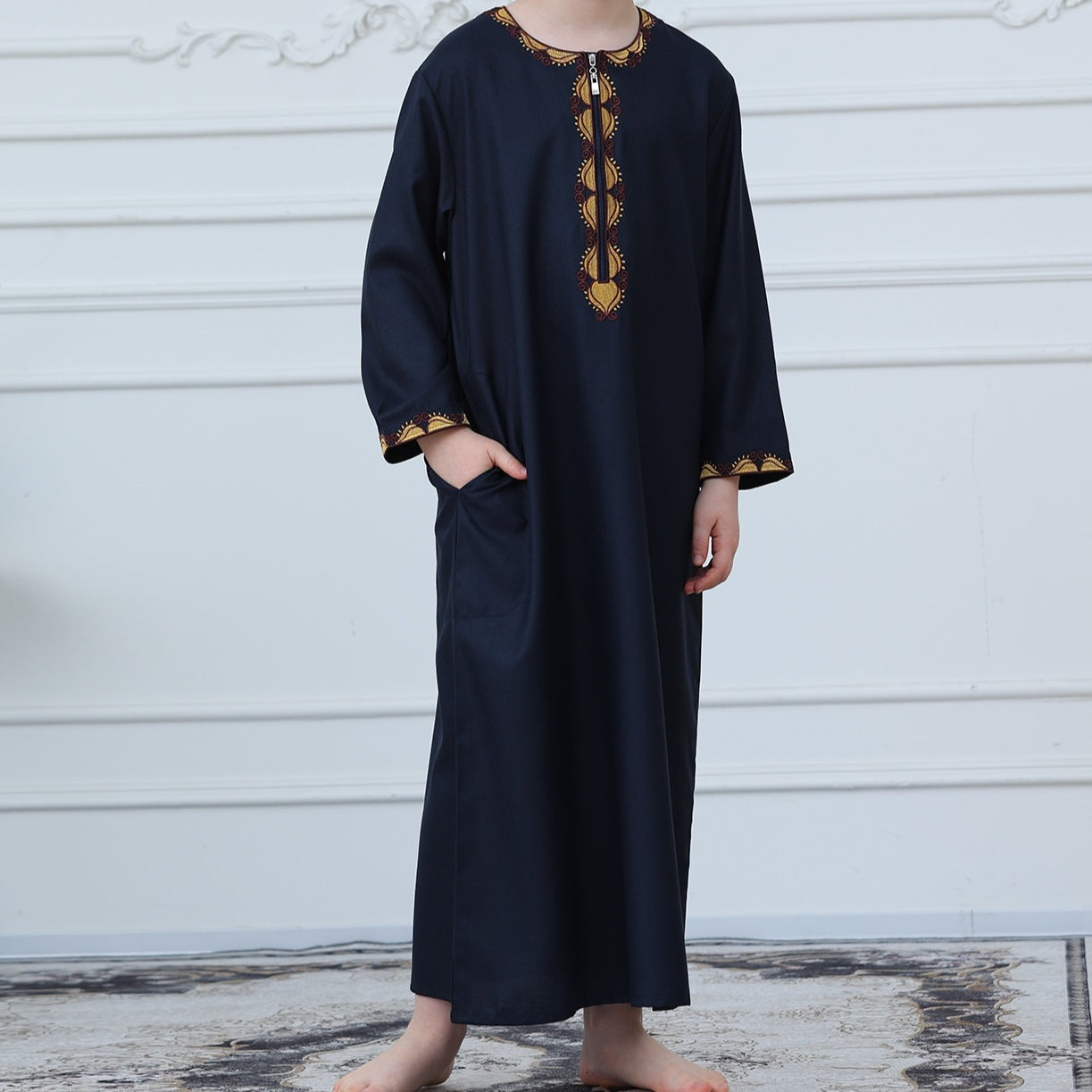 Boys Embroidered Thobe with Gold Trim(MKB017)