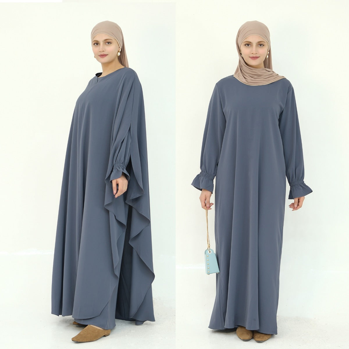 Solid Color Modest Robe Dress Two-Piece Set – Muslim Abaya with Puff Sleeves(MA275)