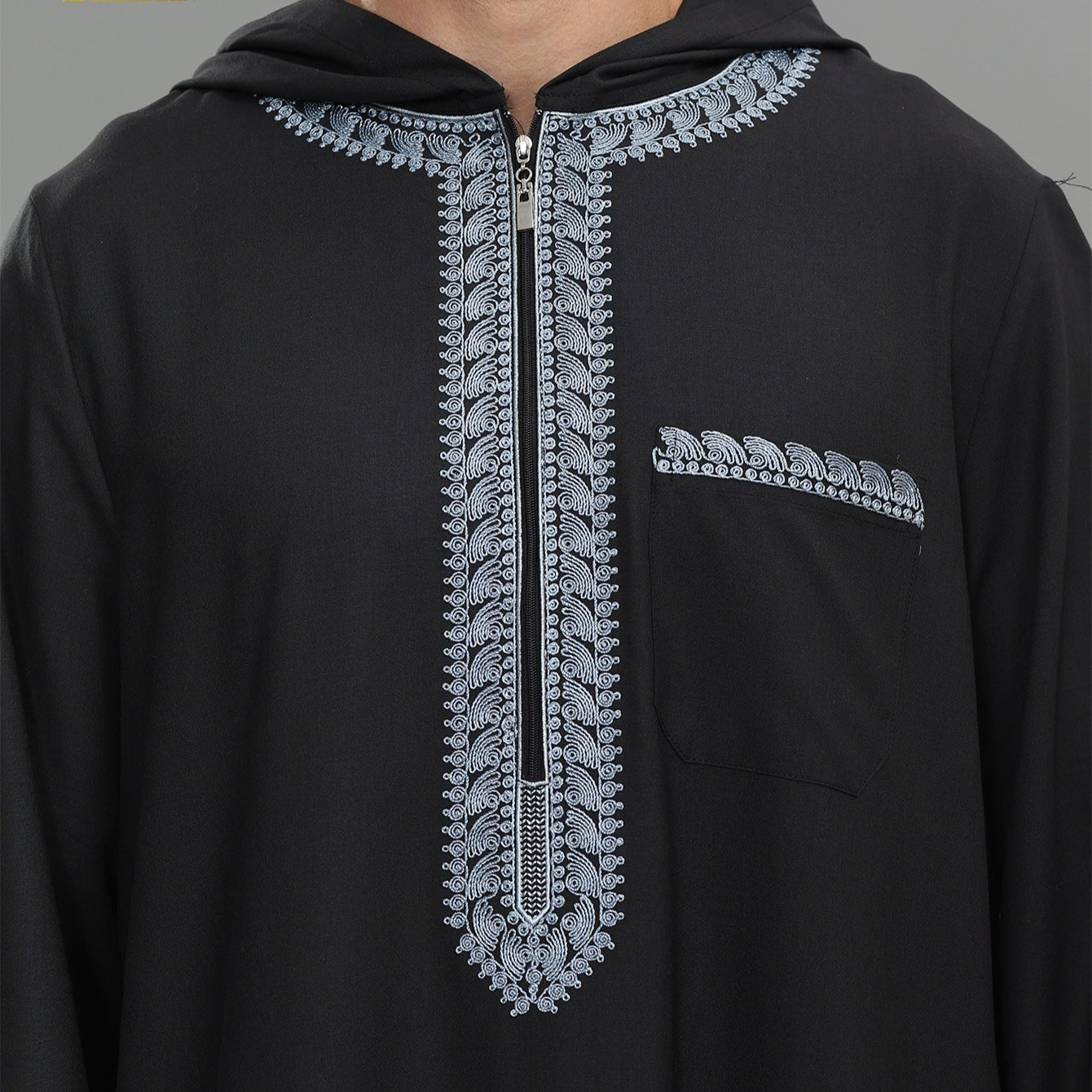 Men's Hooded Embroidered Thobe with Pockets(MT037)