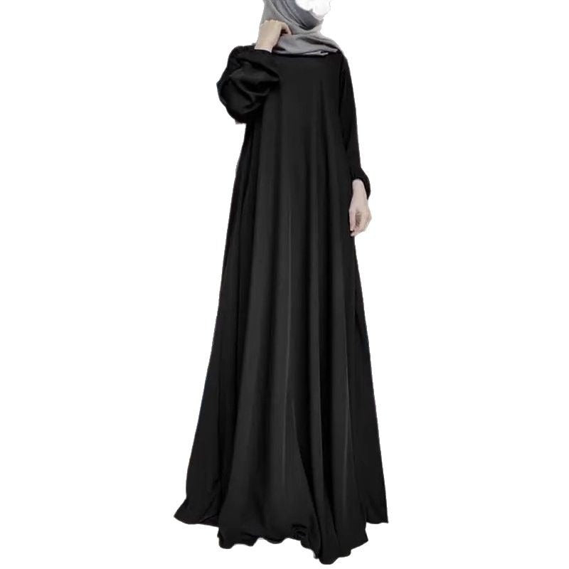 Satin Round Neck Floor Length Abaya | Puff Sleeve Elastic Cuff Maxi Dress(MA303)