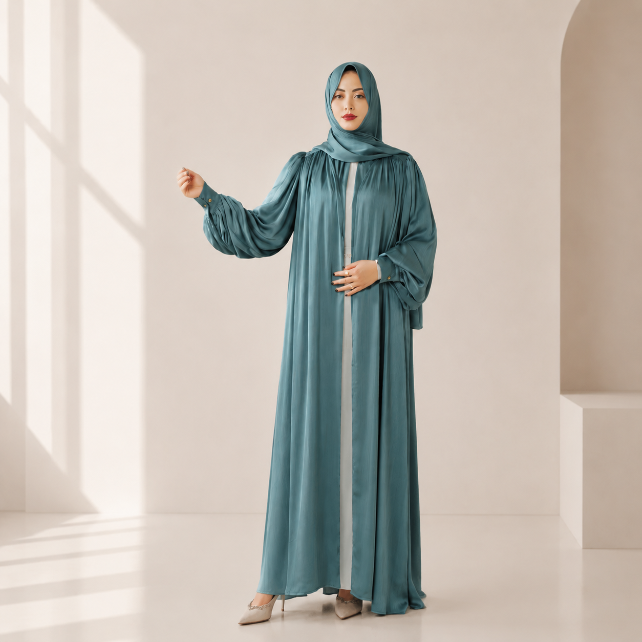 Archive Piece Pleated Shoulder Crinkle Open Abaya - MP047 (Size M Only)