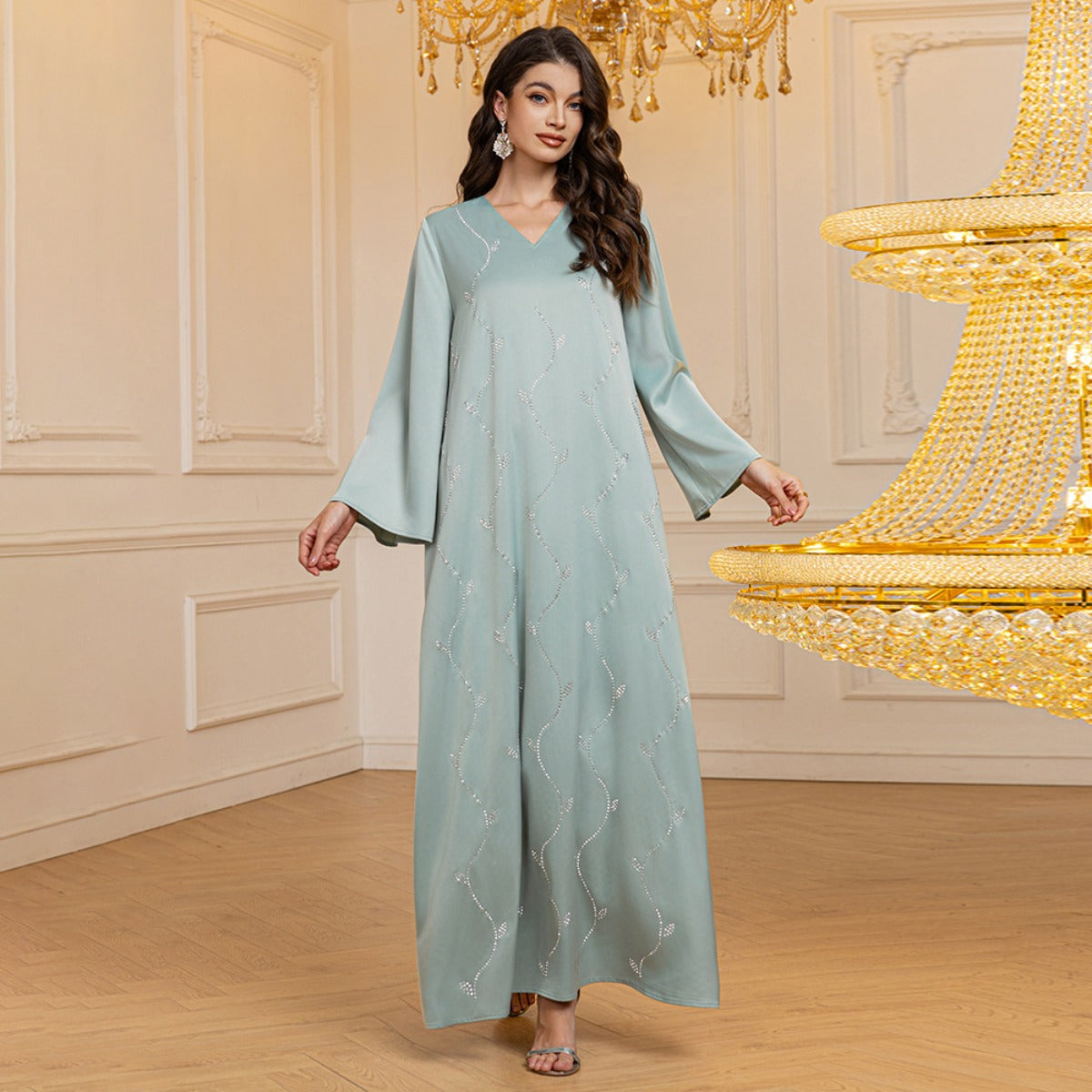 Luxury Textured Satin Diamond Embellished Robe Dress - High-End V-Neck Evening Gown with Flared Sleeves(MA276)