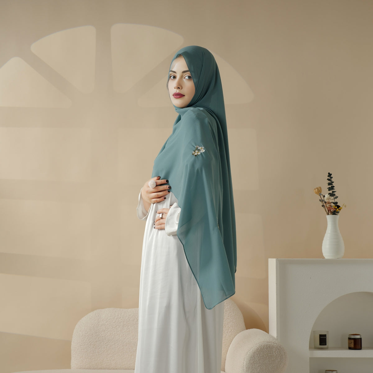 Plain Chiffon Shawl Hijab With Embroidery, Extra-Fine Embroidered Hijab (MH077)