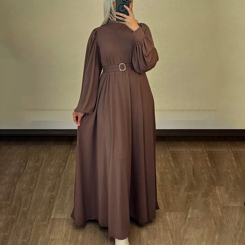 Solid Color Round Neck Belted Abaya | Puff Sleeve Button Cuff Maxi Dress with Belt(MA305)