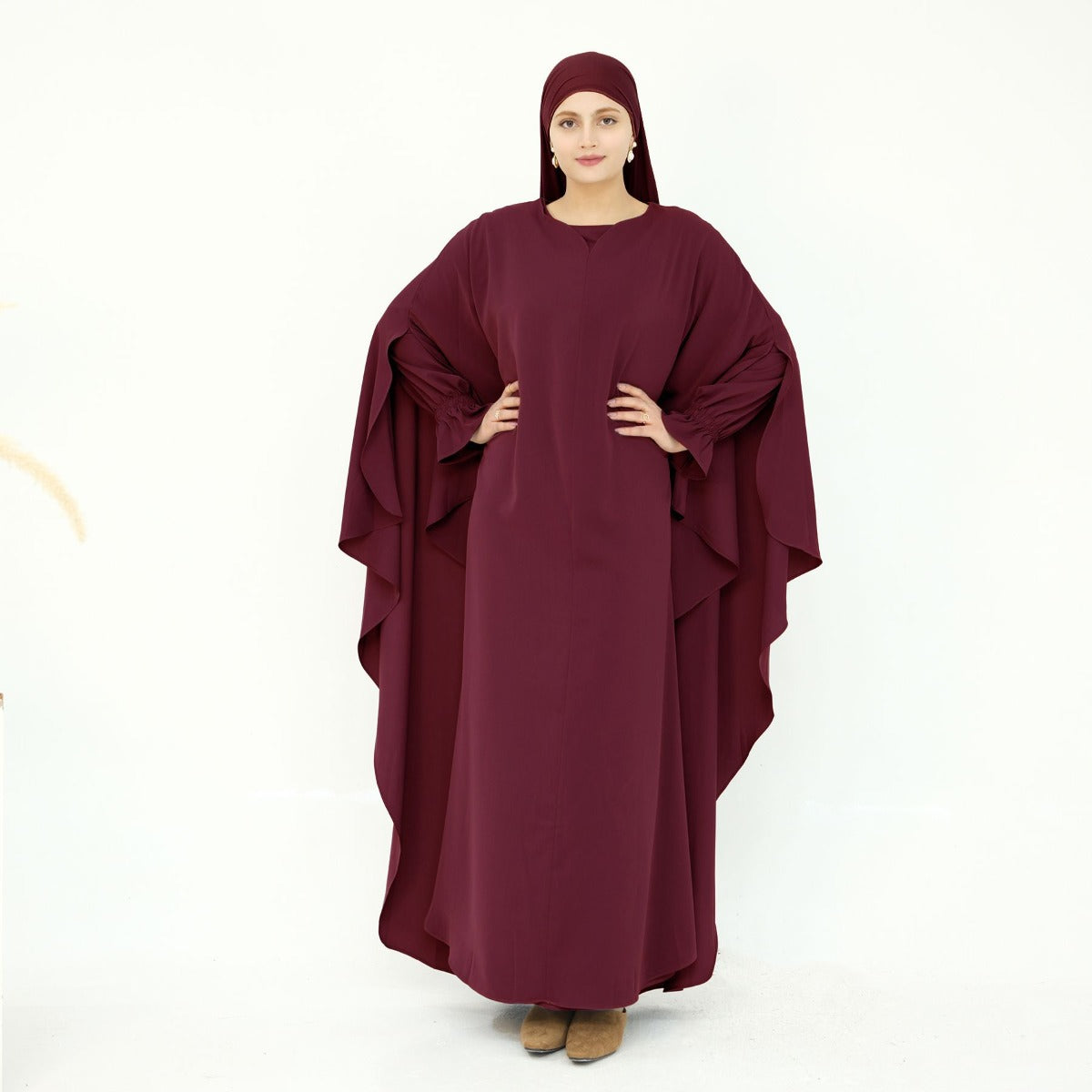 Solid Color Modest Robe Dress Two-Piece Set – Muslim Abaya with Puff Sleeves(MA275)