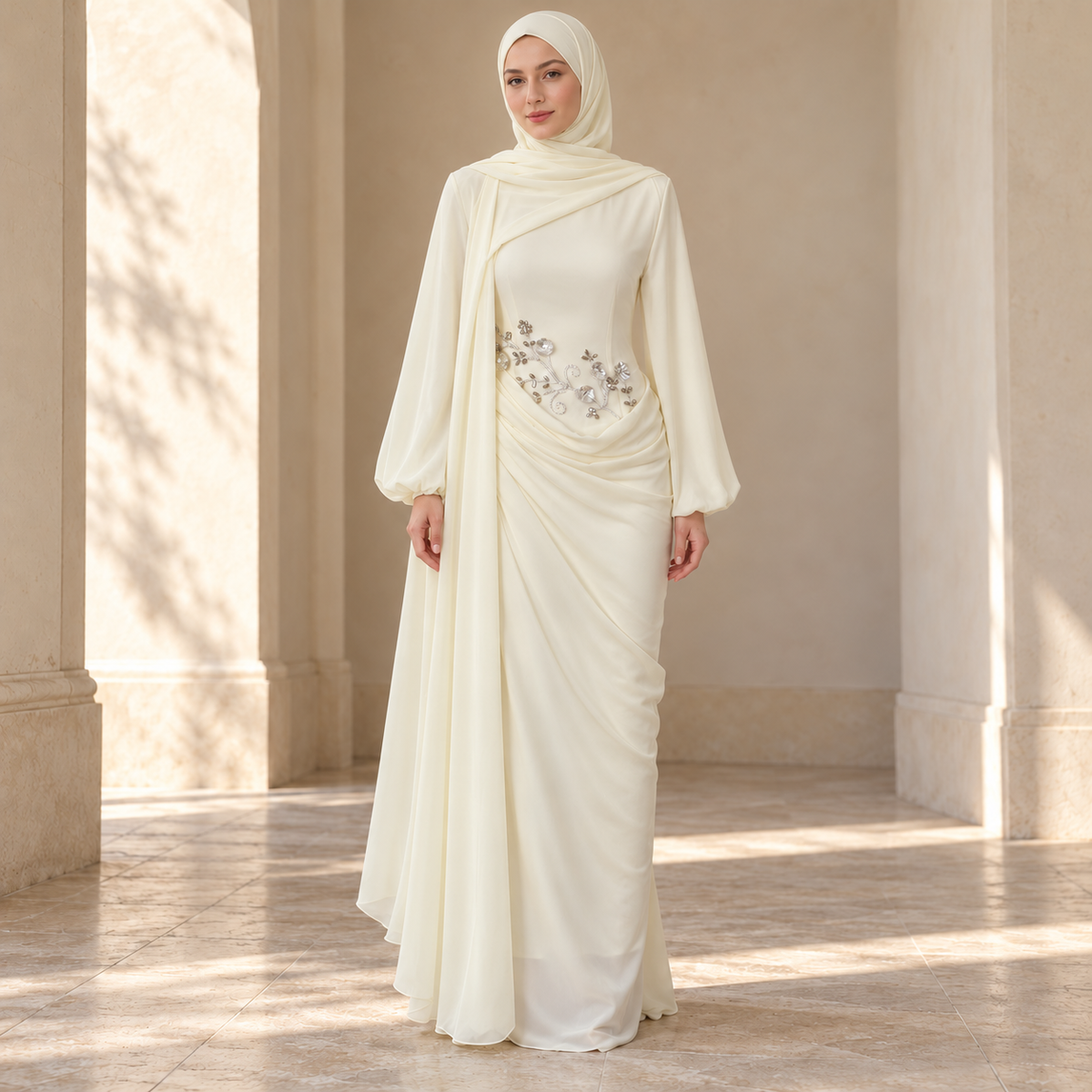 Rhinestone Floral Chiffon-Effect Evening Dress(MS591)