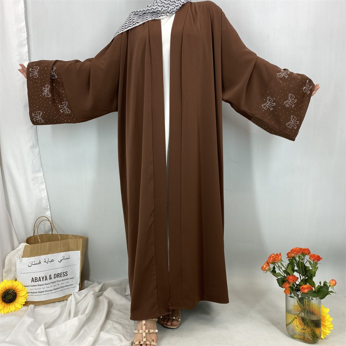 Modest Luxury Exquisite Transfer Diamond Printer Butterfly Sleeve Abaya(MOA206)