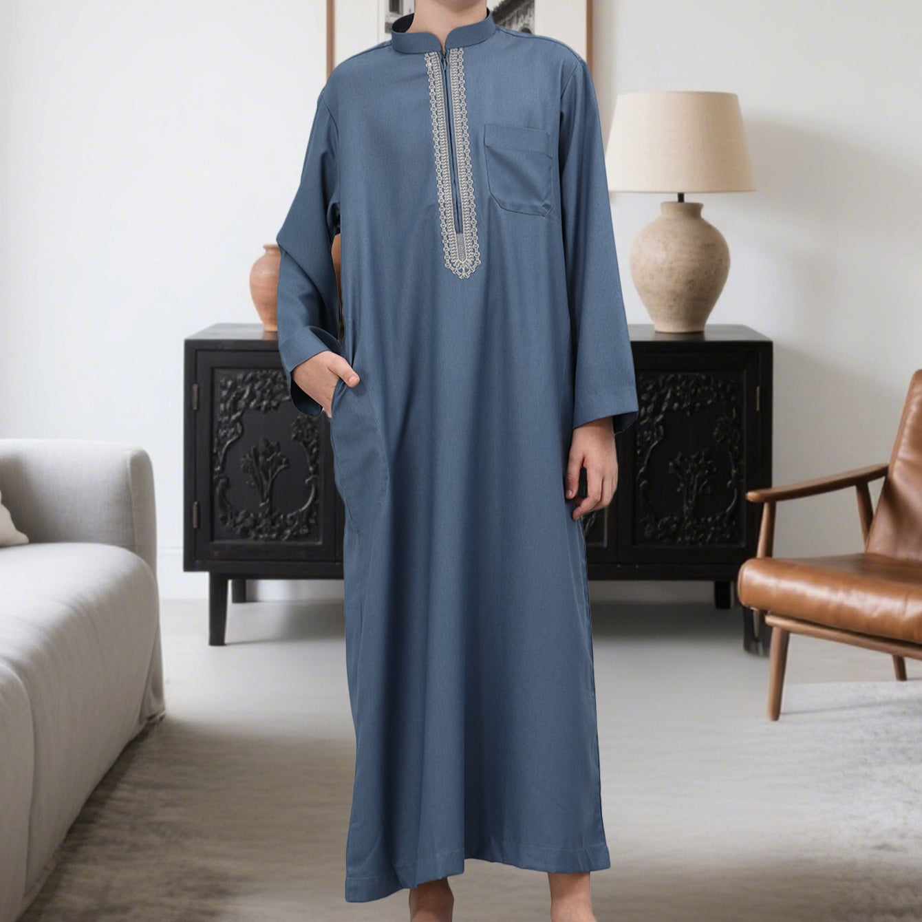 Boys Embroidered Thobe with Pockets(MKB013)