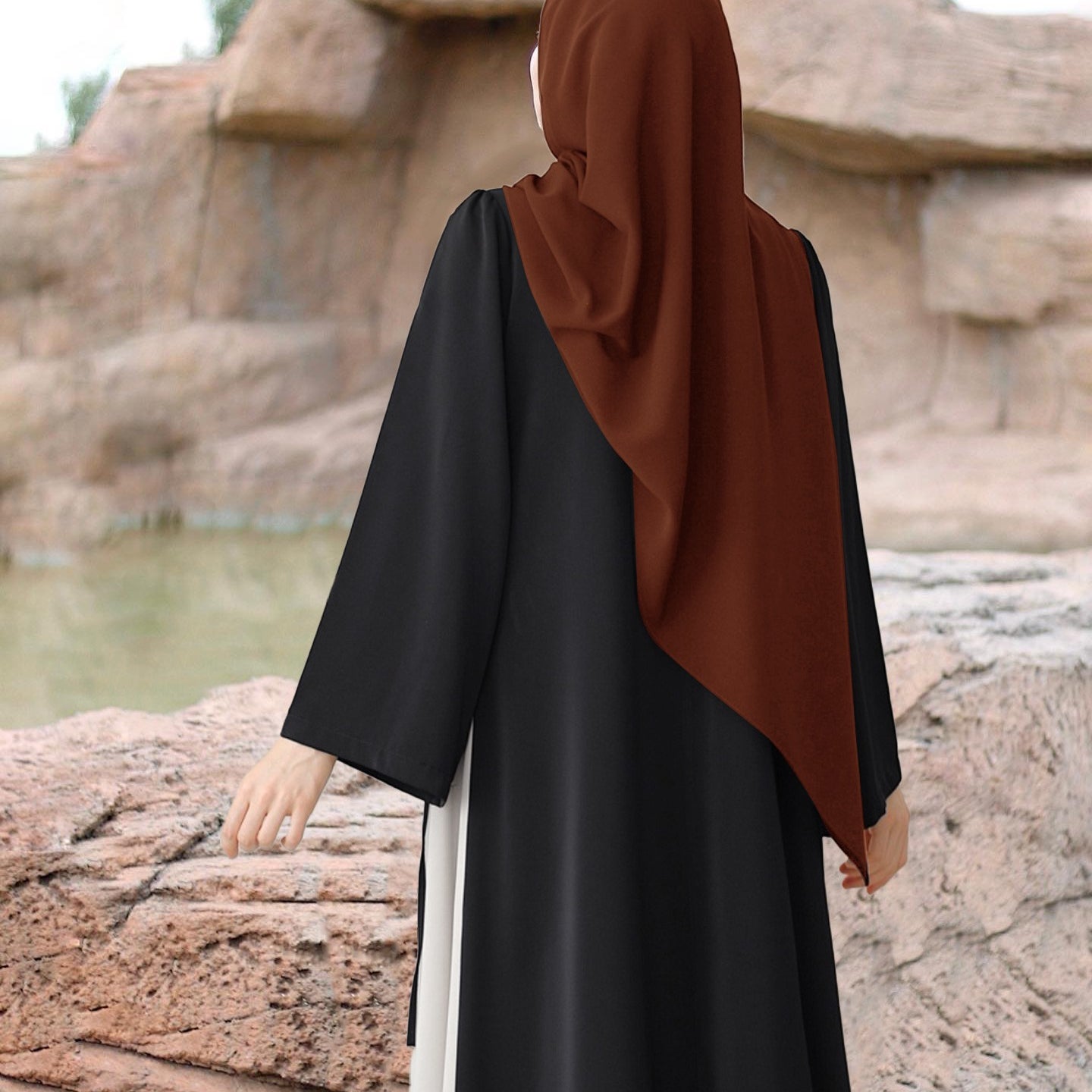 Colorblock Side-Tie Abaya | Two-Tone Round Neck Maxi Dress(MA362)