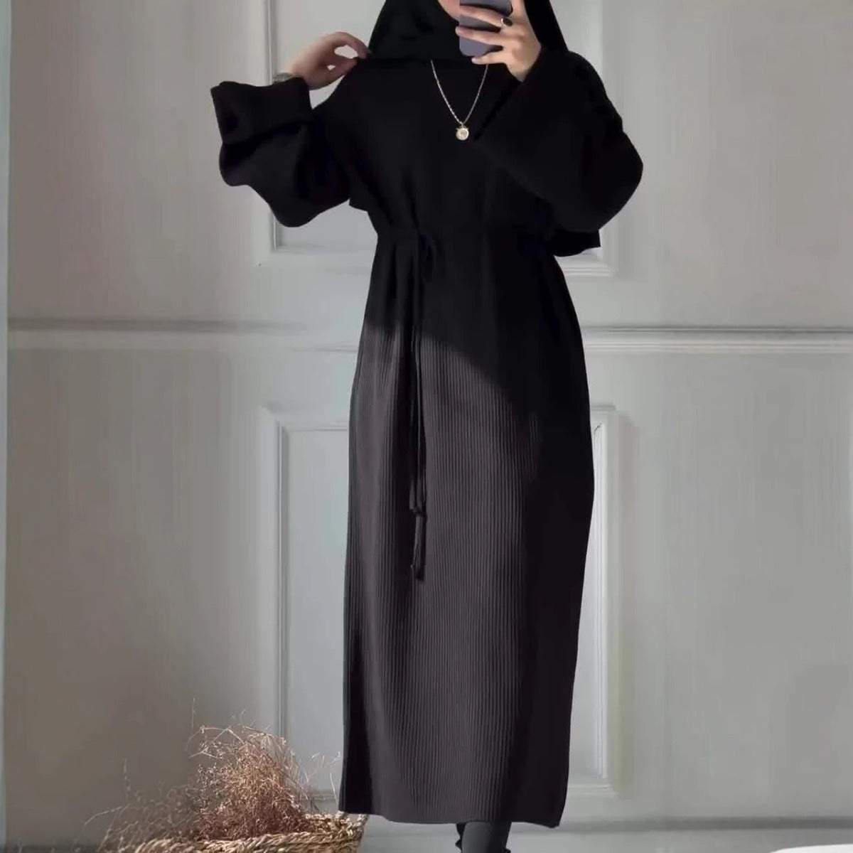 Casual Knitted Modest Dress with Flared Sleeves - Muslim-Friendly Crew Neck Pullover Maxi Dress with Belt(MS104)