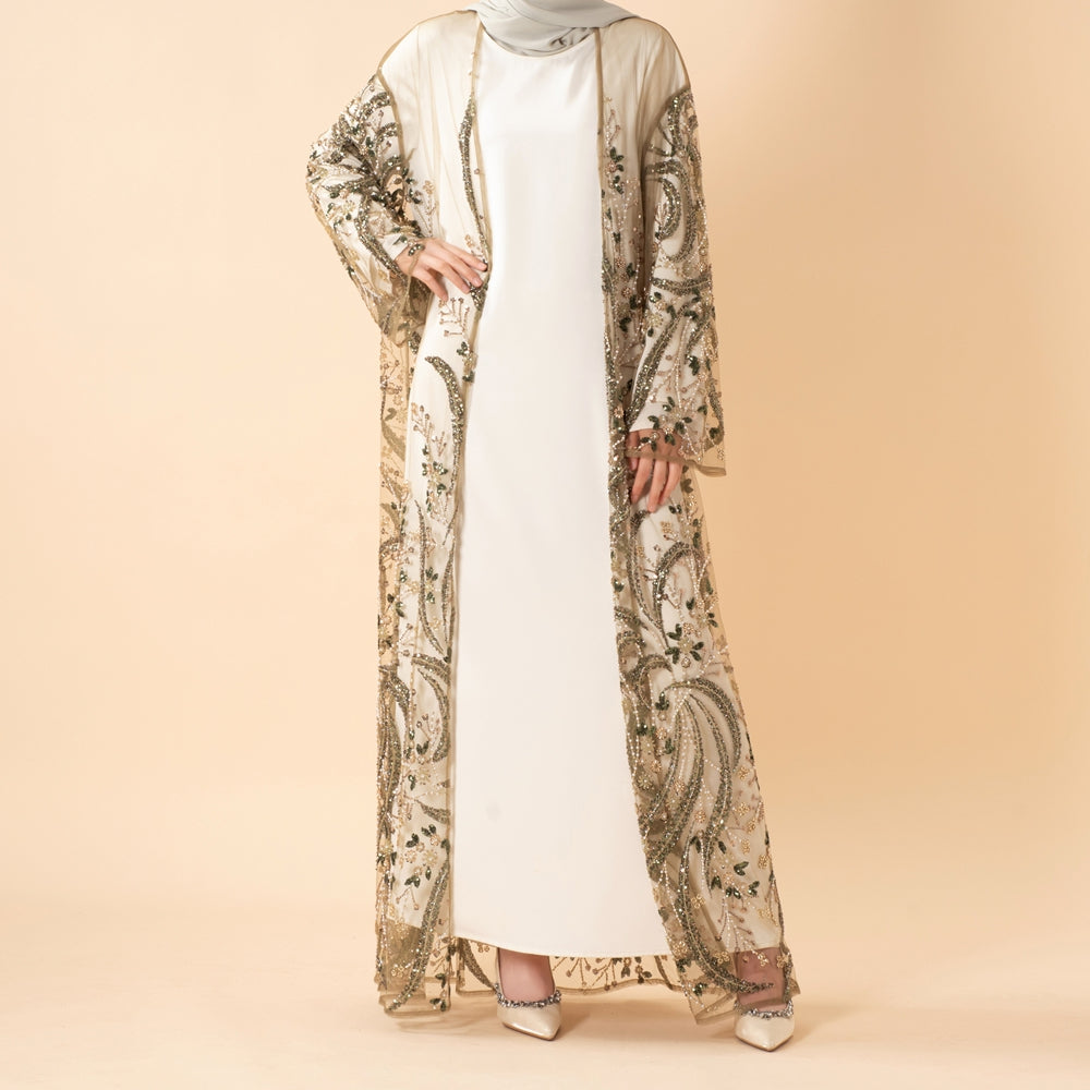 Luxus-Abaya mit handgefertigten Pailletten und Stickereien für Eid & Hochzeiten (MOA305)