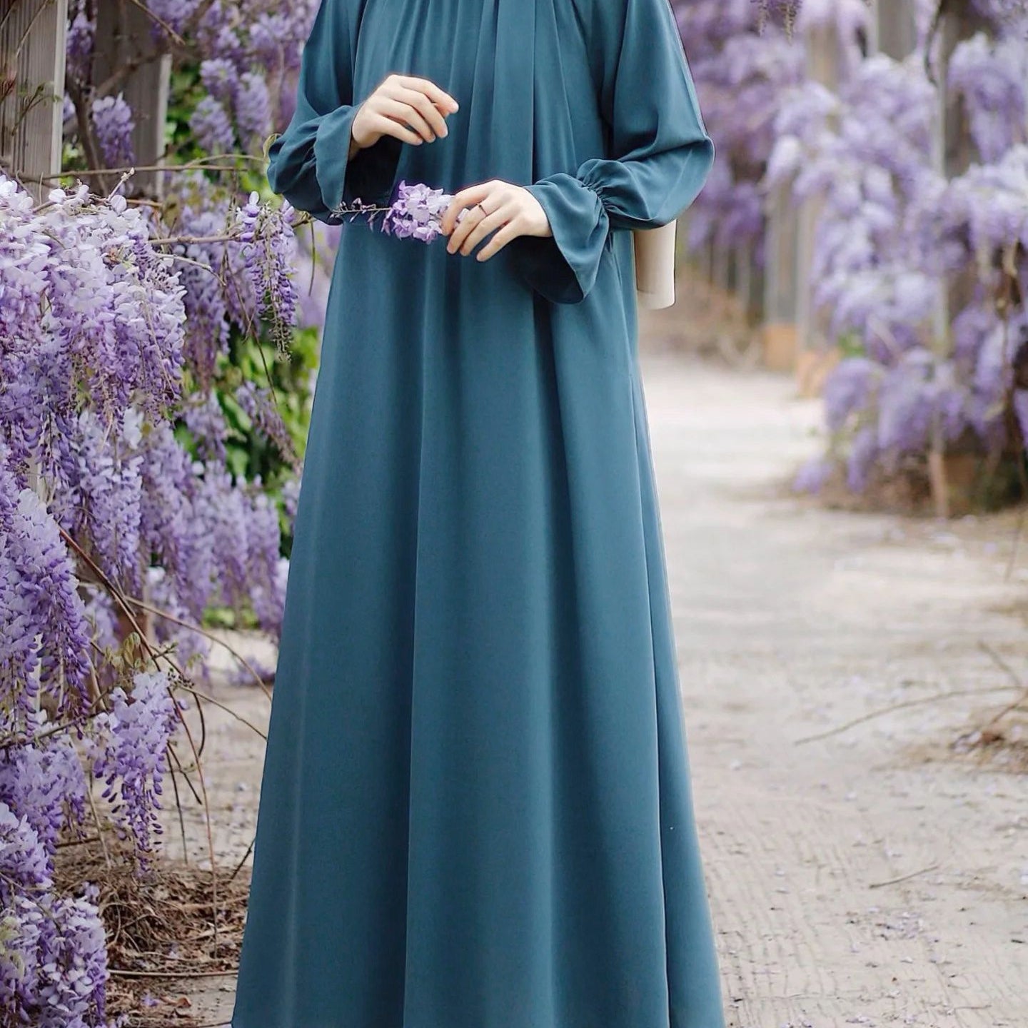 Bell Sleeve Chiffon Abaya | Round Neck Pocket Maxi Dress(MA363)