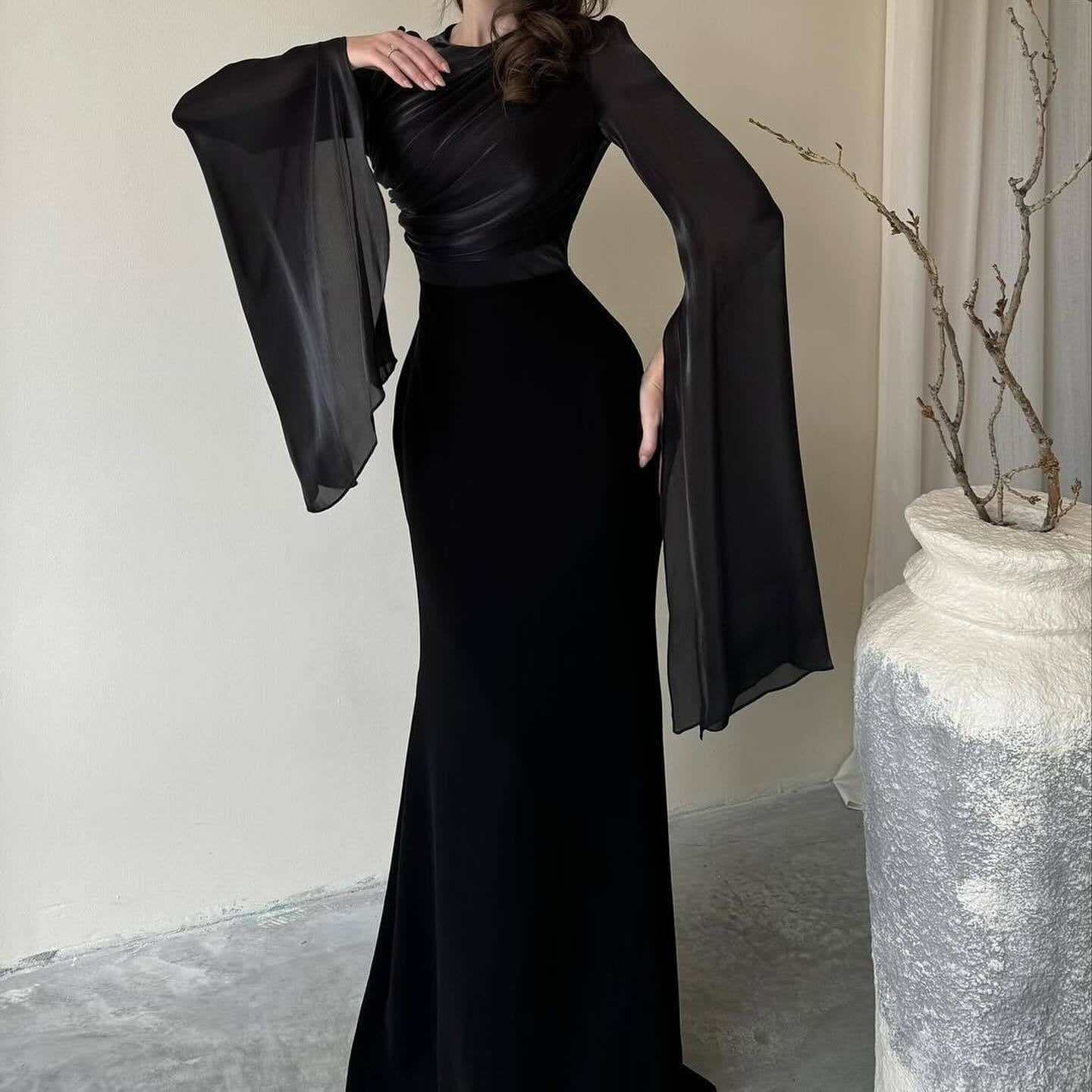 Cape Sleeve Gown with Tie-Back | Fitted Mermaid Maxi Dress(MS230)