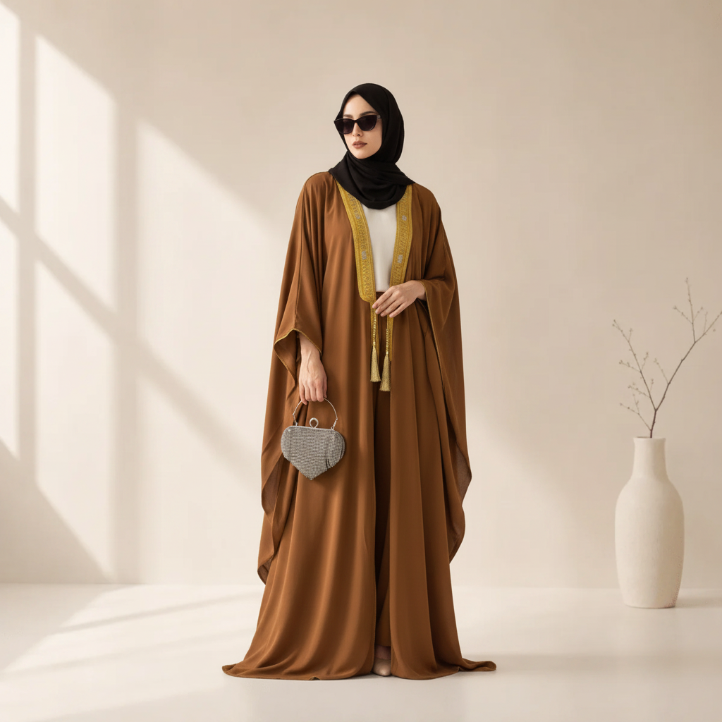 Archive Piece Gold Geometric Embroidered Batwing Open Abaya - MP056 (Size L Only)