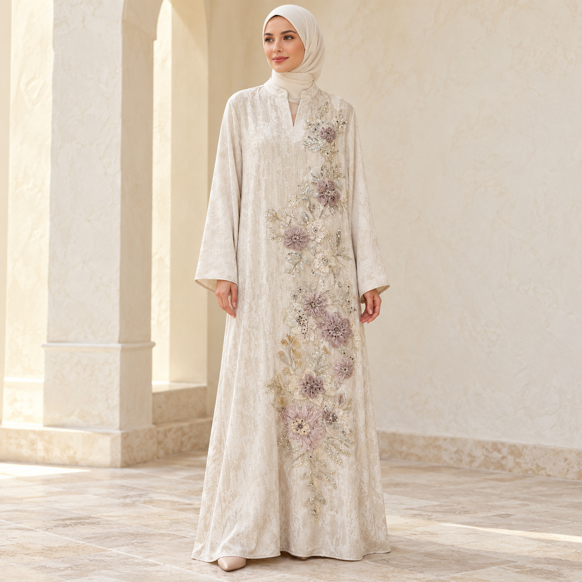 Luxury Embroidered Beaded Abaya | 3D Floral Sequin Evening Gown(MA477)