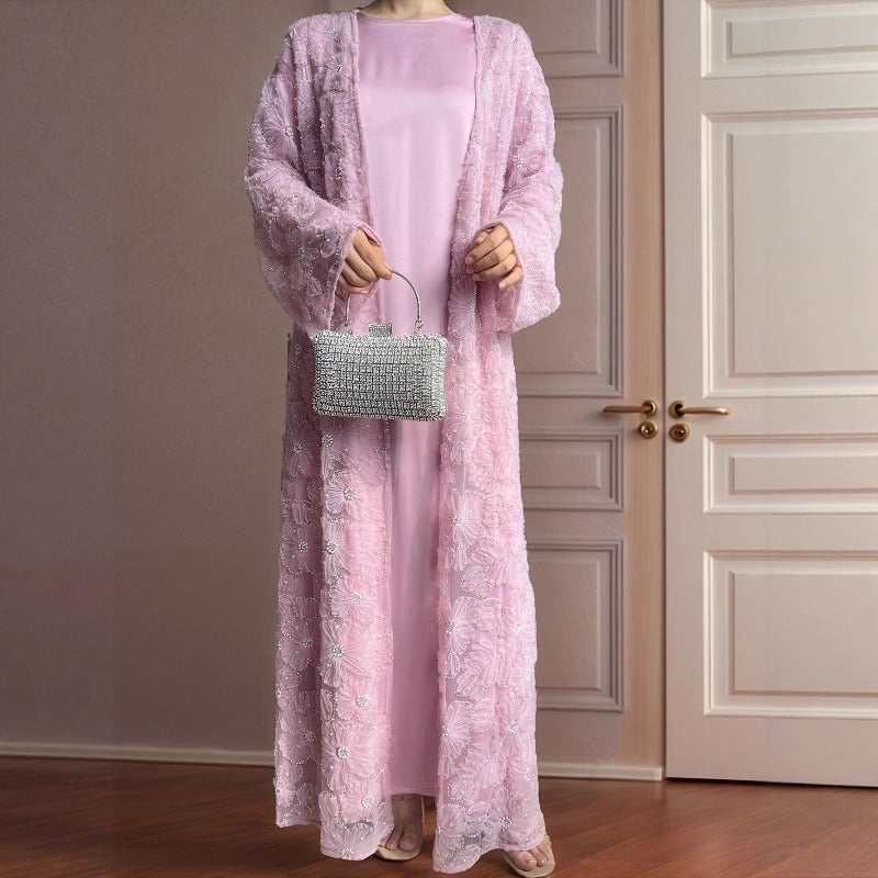 Mesh Flower Bead Open Abaya and Satin Interior Dress 2-Piece Set  | Elegant Muslim Wedding Guest Outfit(MOA222)