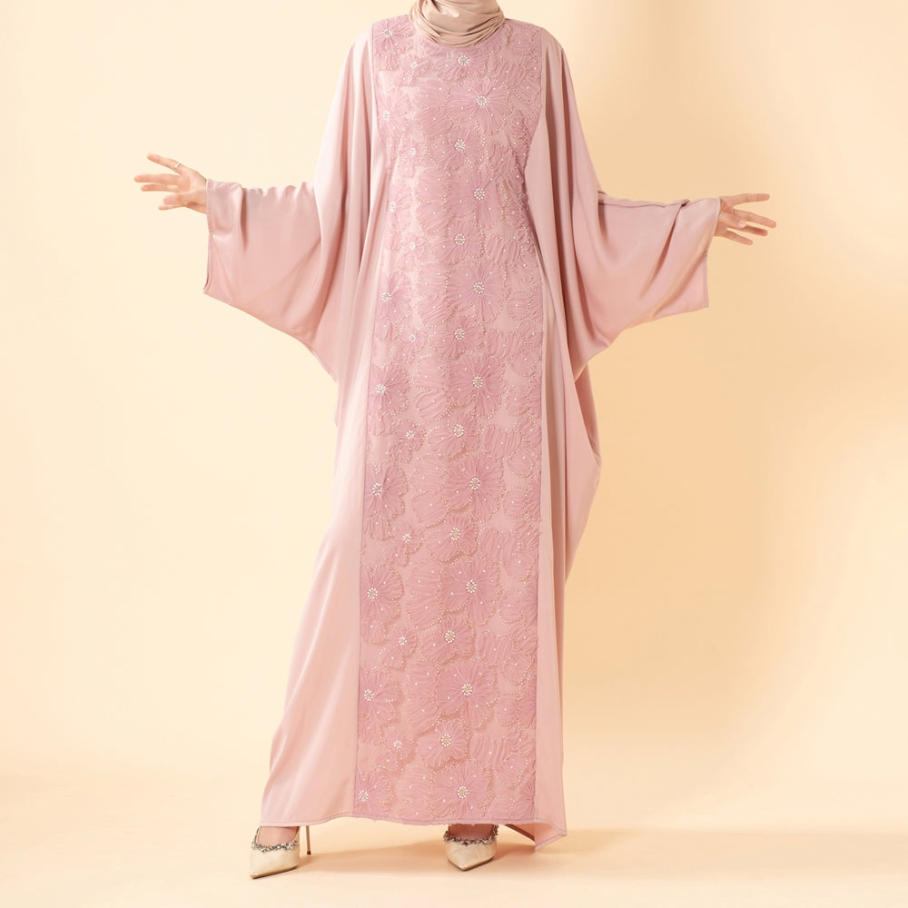 Luxury 3D Ribbon Embroidered Batwing Abaya with Adjustable Waist Tie (MA431)