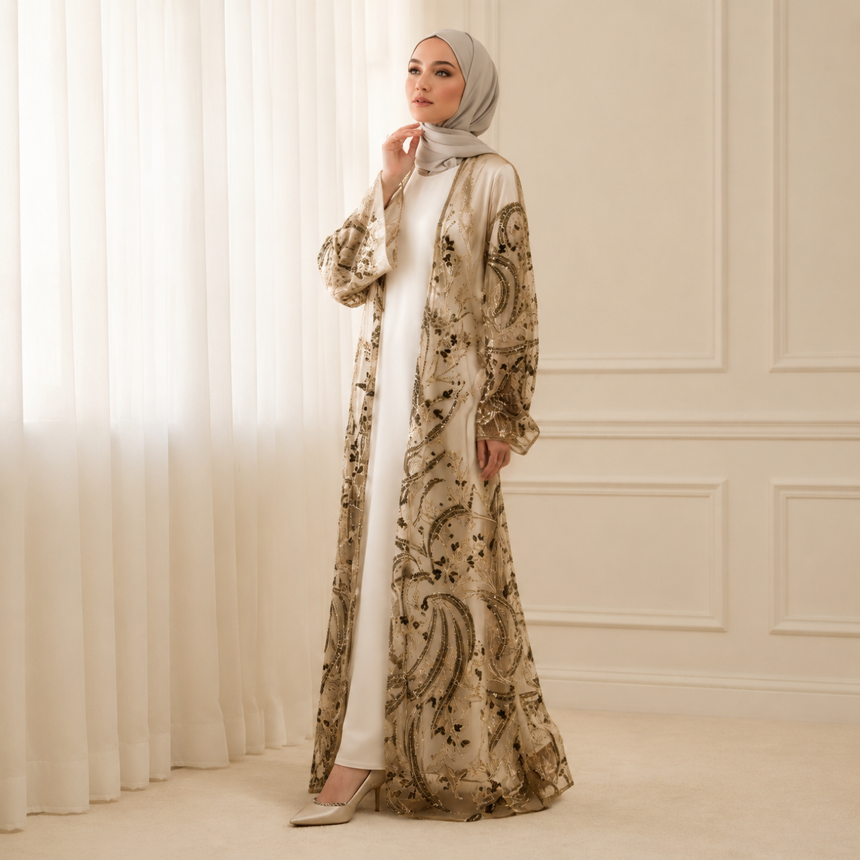 Luxus-Abaya mit handgefertigten Pailletten und Stickereien für Eid & Hochzeiten (MOA305)
