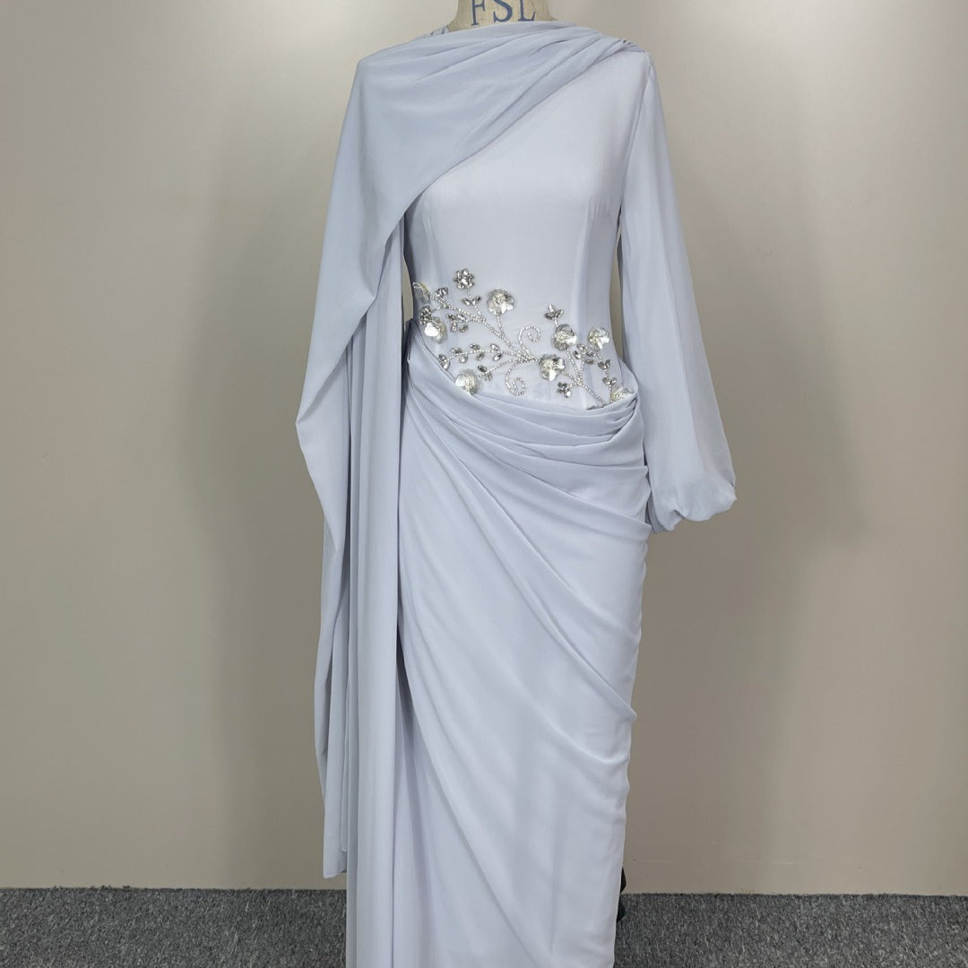 Rhinestone Floral Chiffon-Effect Evening Dress(MS591)