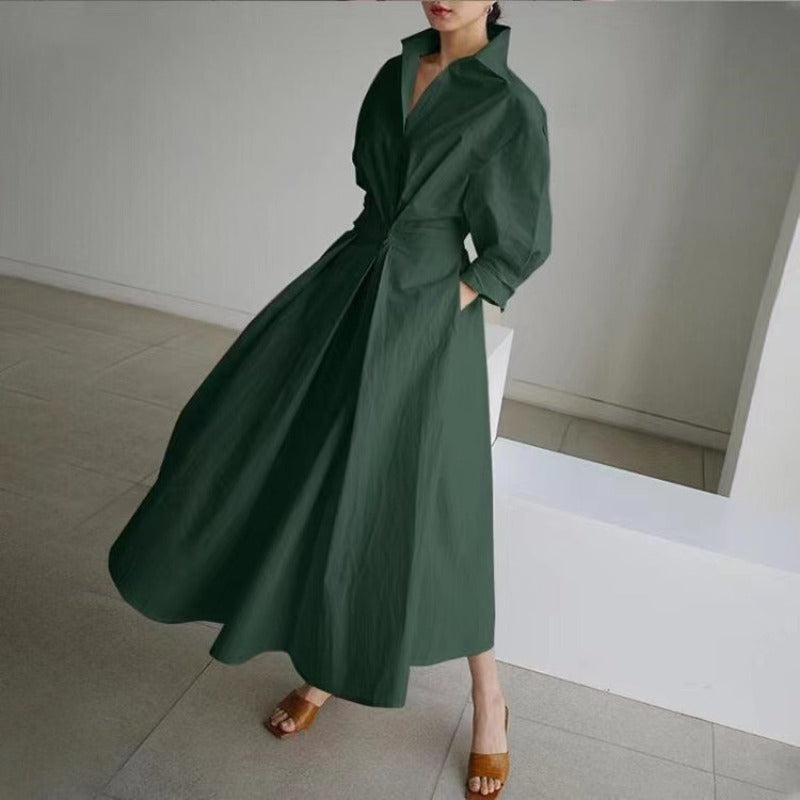 Cotton Linen Polo Collar Long Sleeve Maxi Dress(MS116)