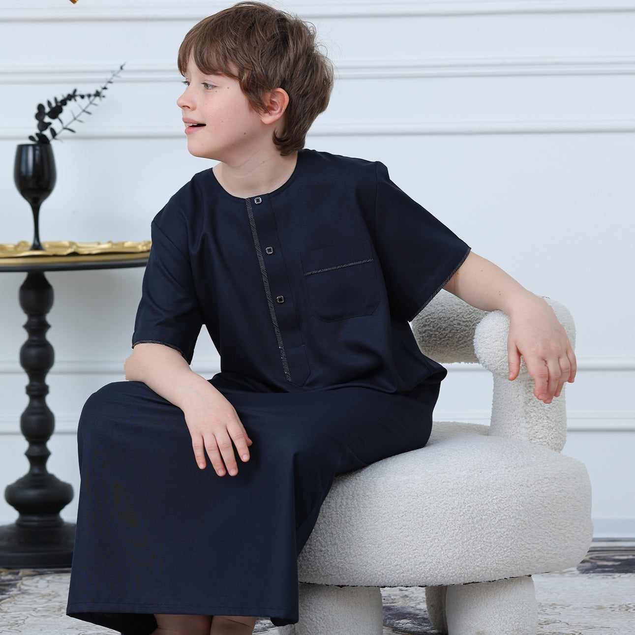 Boys Navy Short Sleeve Thobe with Chest Pocket(MKB022)