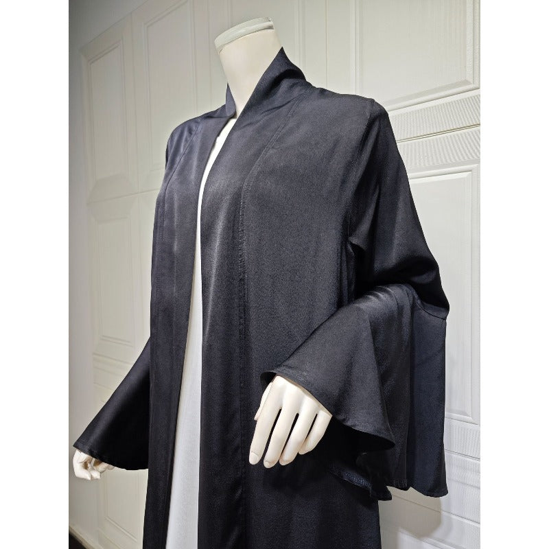 Lotus Leaf Sleeve Solid Soft Satin Open Front Abaya Dress | Lightweight Modest Abaya Cover(MOA220)