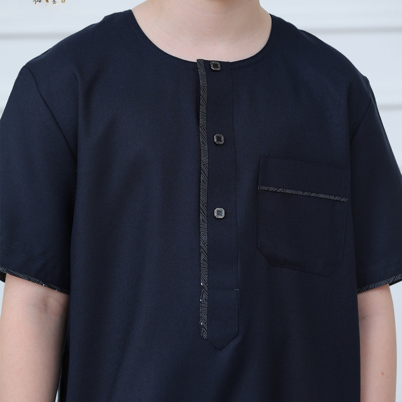 Boys Navy Short Sleeve Thobe with Chest Pocket(MKB022)