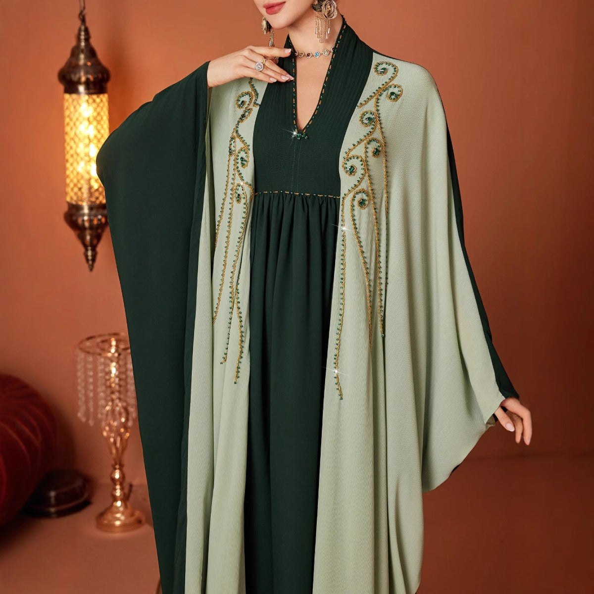 Modest Luxury Dark Green Hand-Embroidered Bead Bat-Sleeve Abaya(MA274)