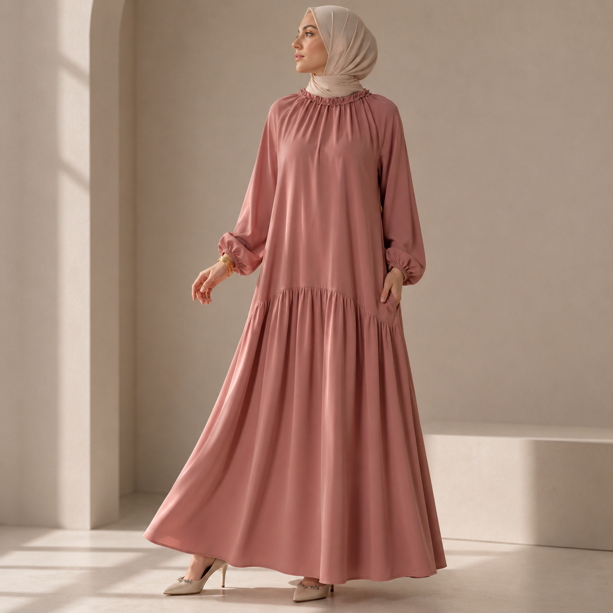Ruffle Trim Pleated Relaxed Maxi Dress with Waist Tie(MA424)