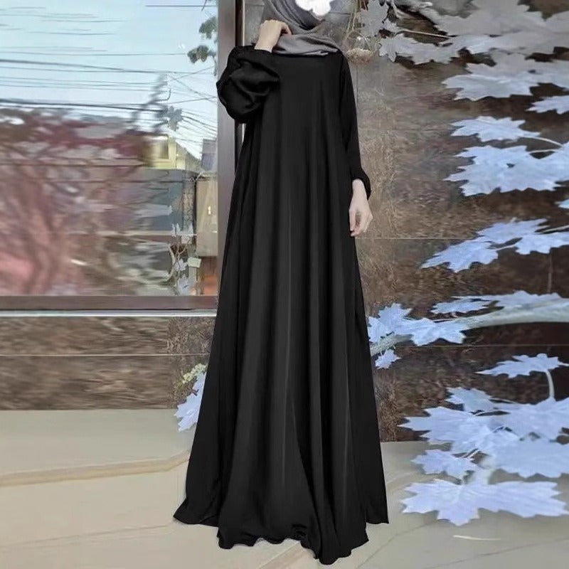Satin Round Neck Floor Length Abaya | Puff Sleeve Elastic Cuff Maxi Dress(MA303)