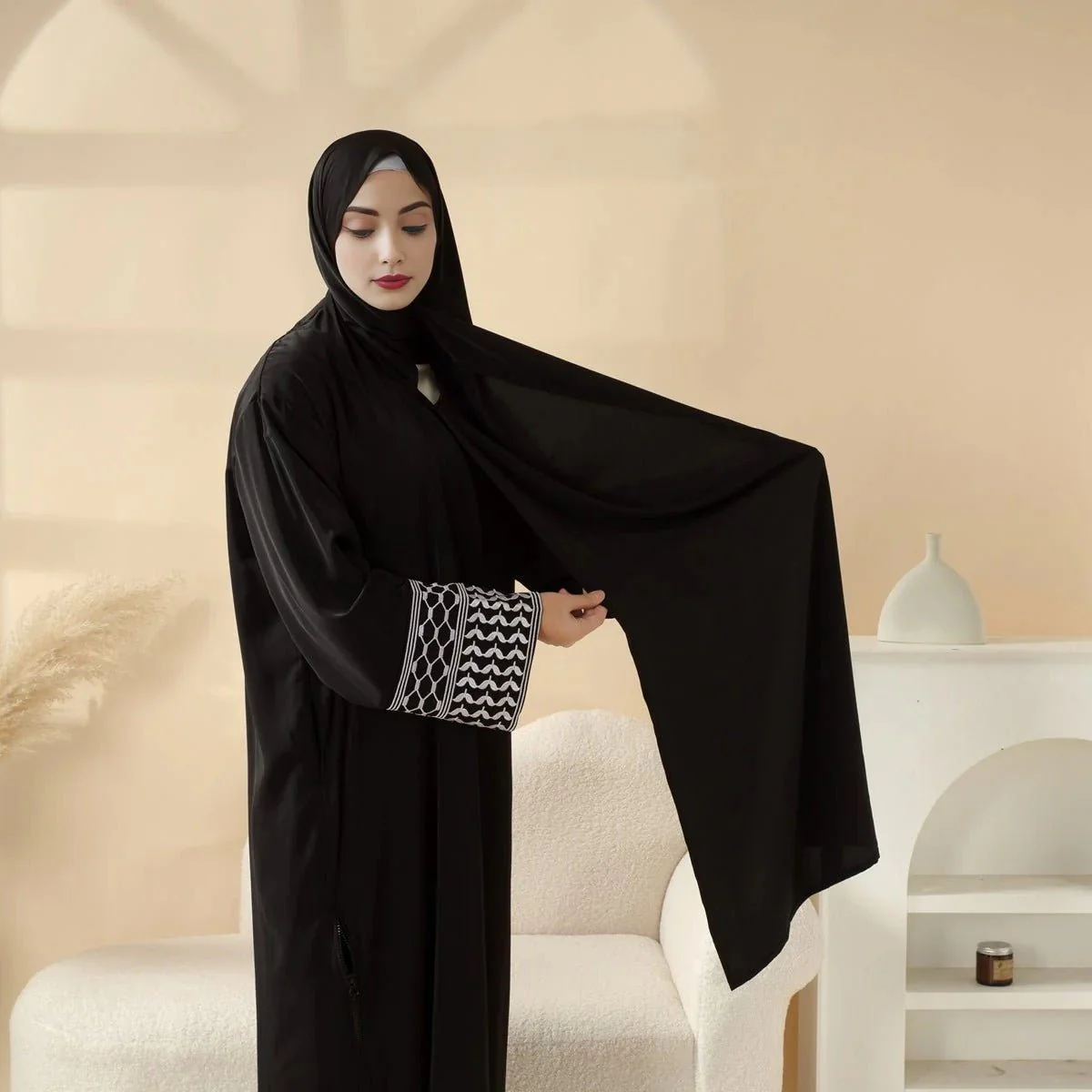 Archive Piece Keffiyeh-Embroidered Cuff Integrated Hijab Prayer Abaya - MP050 (Size Free Size Only)