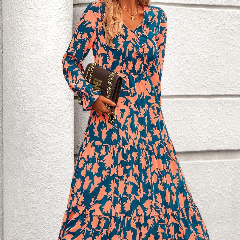 Floral Print V-Neck Midi Dress | Long Sleeve Elastic Waist Dress(MS271)