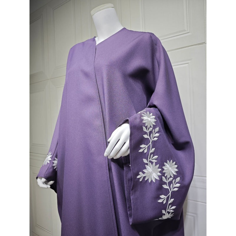 Embroidered Batwing Sleeve Abaya Set | Linen Blend Open Cardigan with Matching Hijab 2-Piece(MOA233)