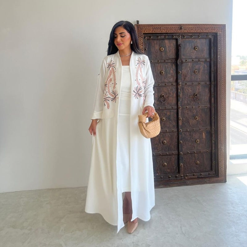 Ice Silk Crinkle Fabric  Embroidered V-Neck Abaya(MOA234)