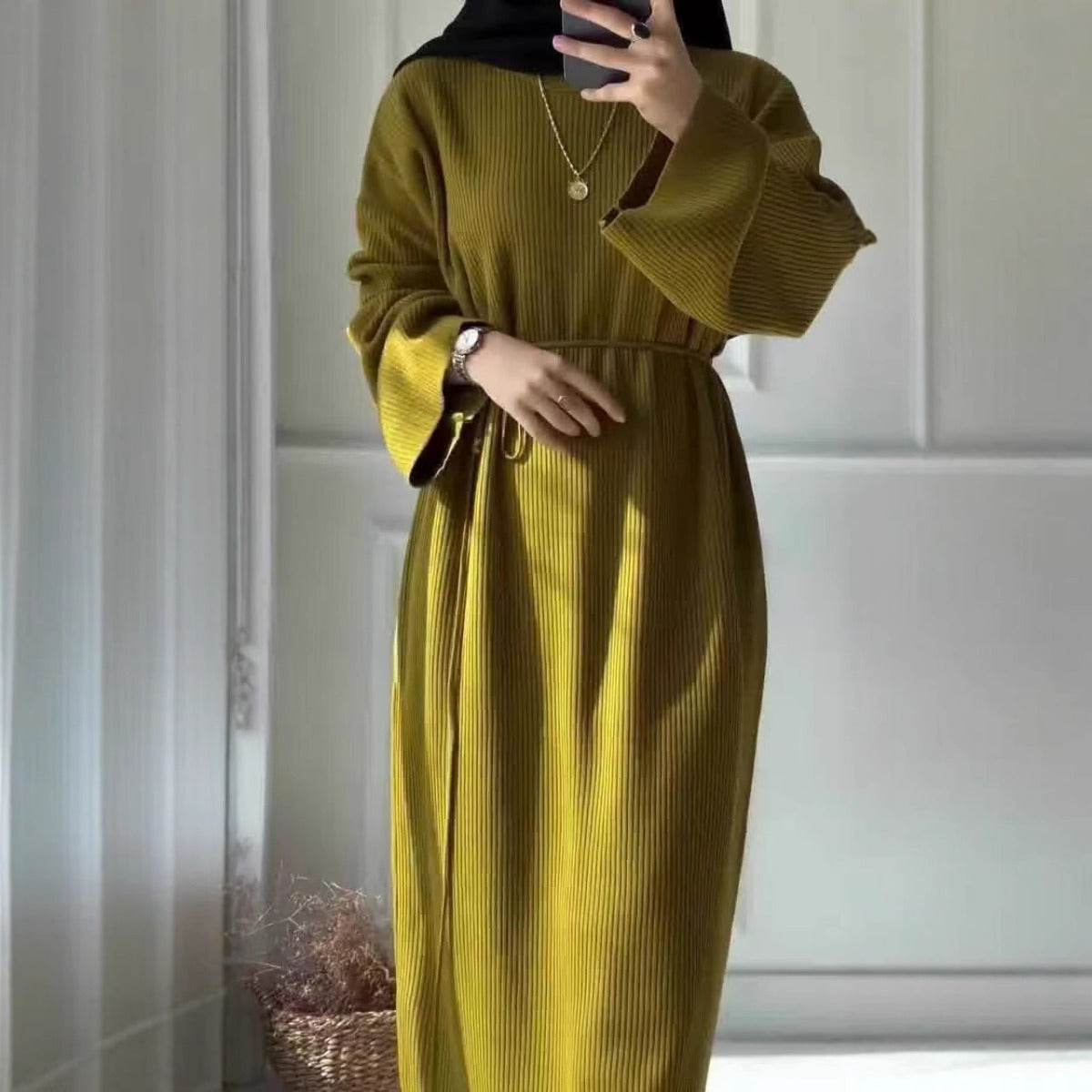 Casual Knitted Modest Dress with Flared Sleeves - Muslim-Friendly Crew Neck Pullover Maxi Dress with Belt(MS104)