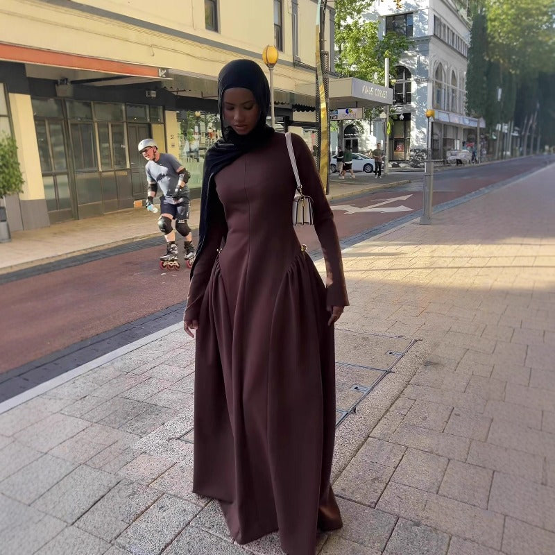 Solid Color Round Neck Maxi Dress | Pleated Waist Full Circle Skirt Long Sleeve Abaya(MA302)