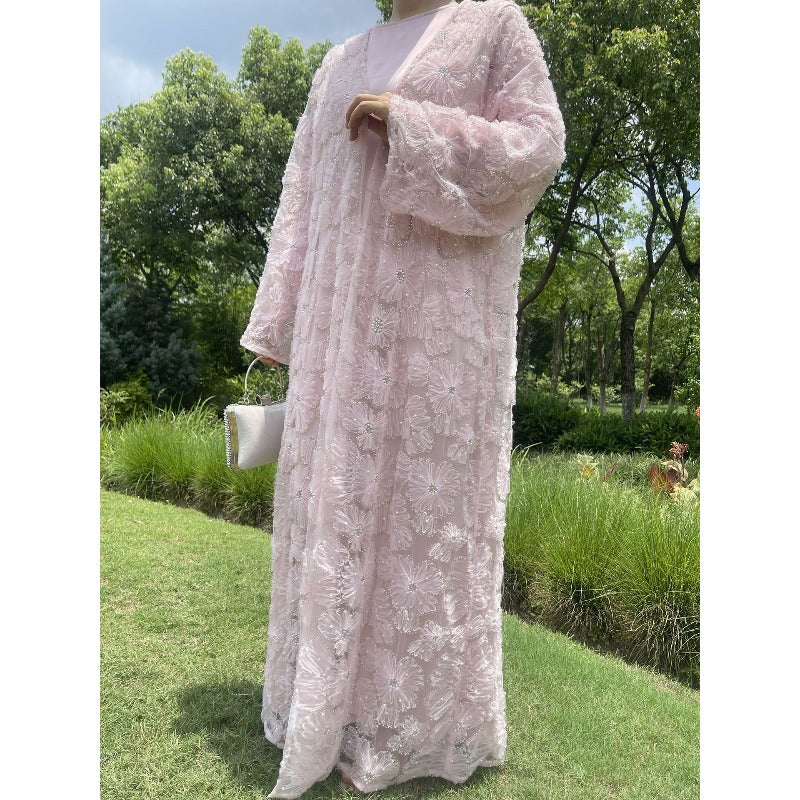 Mesh Flower Bead Open Abaya and Satin Interior Dress 2-Piece Set  | Elegant Muslim Wedding Guest Outfit(MOA222)
