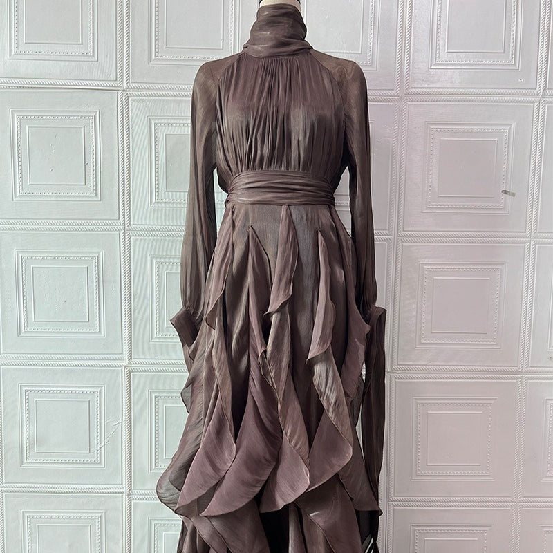 Cascading Ruffle Gown | High Neck Tie-Waist Maxi Dress(MS231)