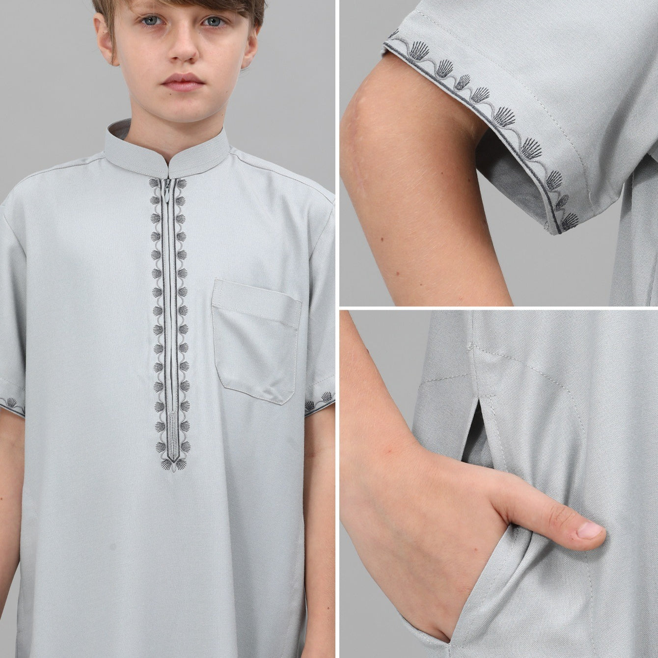 Boys Embroidered Thobe with Pockets(MKB013)