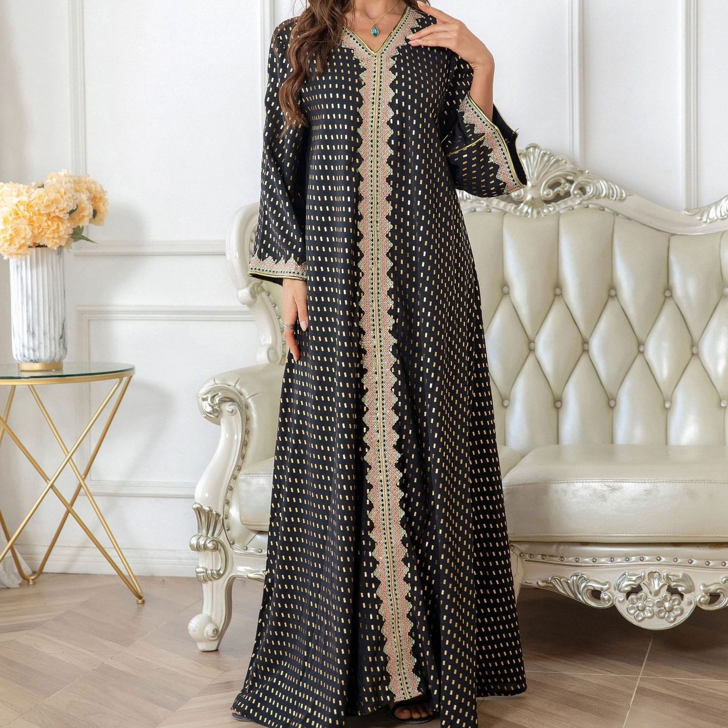 Metallic Embroidered Lace Trim Abaya(MA367)