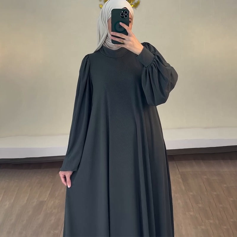 Solid Color Round Neck Belted Abaya | Puff Sleeve Button Cuff Maxi Dress with Belt(MA305)